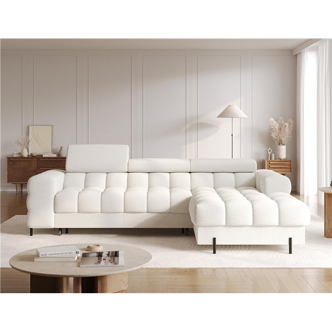 Corner sofa Elferlo R, sleeping function, Royal 01, boucle, white, H93x285x181cm