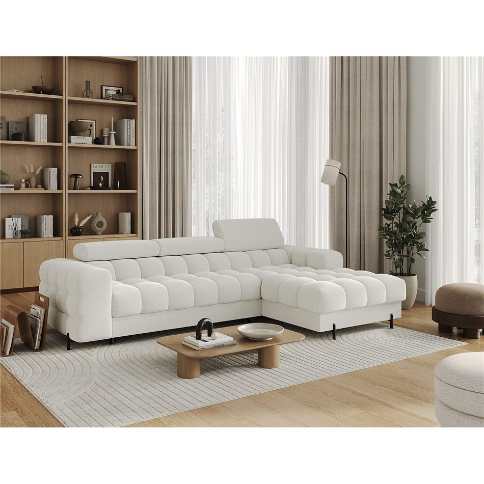 Corner sofa Elferlo R, sleeping function, Royal 01, boucle, white, H93x285x181cm