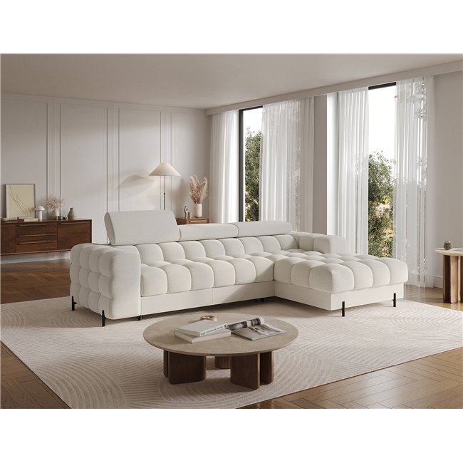 Corner sofa Elferlo R, sleeping function, Royal 01, boucle, white, H93x285x181cm