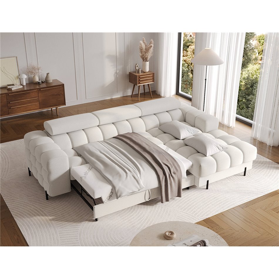 Corner sofa Elferlo R, sleeping function, Royal 01, boucle, white, H93x285x181cm