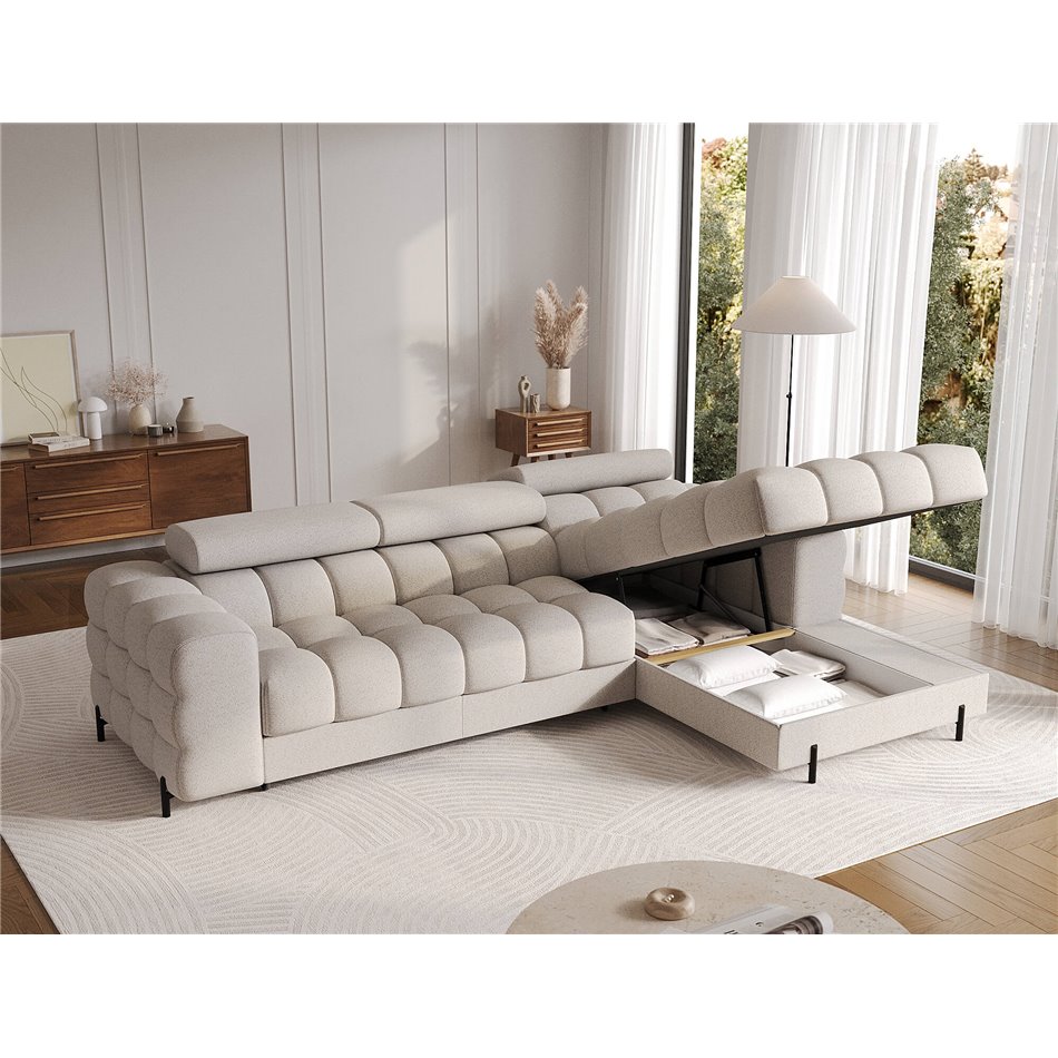 Corner sofa Elferlo R, sleeping function, Royal 18, boucle, beige, H93x285x181cm
