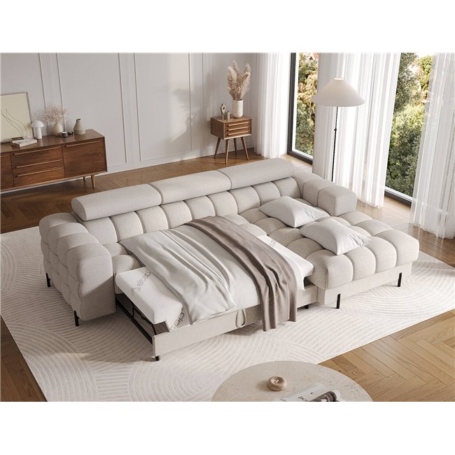 Corner sofa Elferlo R, sleeping function, Royal 18, boucle, beige, H93x285x181cm