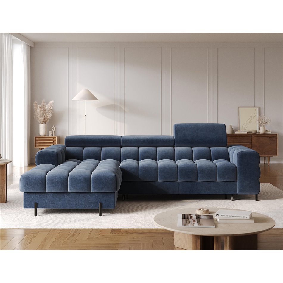 Corner sofa Elferlo L, sleeping function, Aura 40, velvet, blue, H93x285x181cm