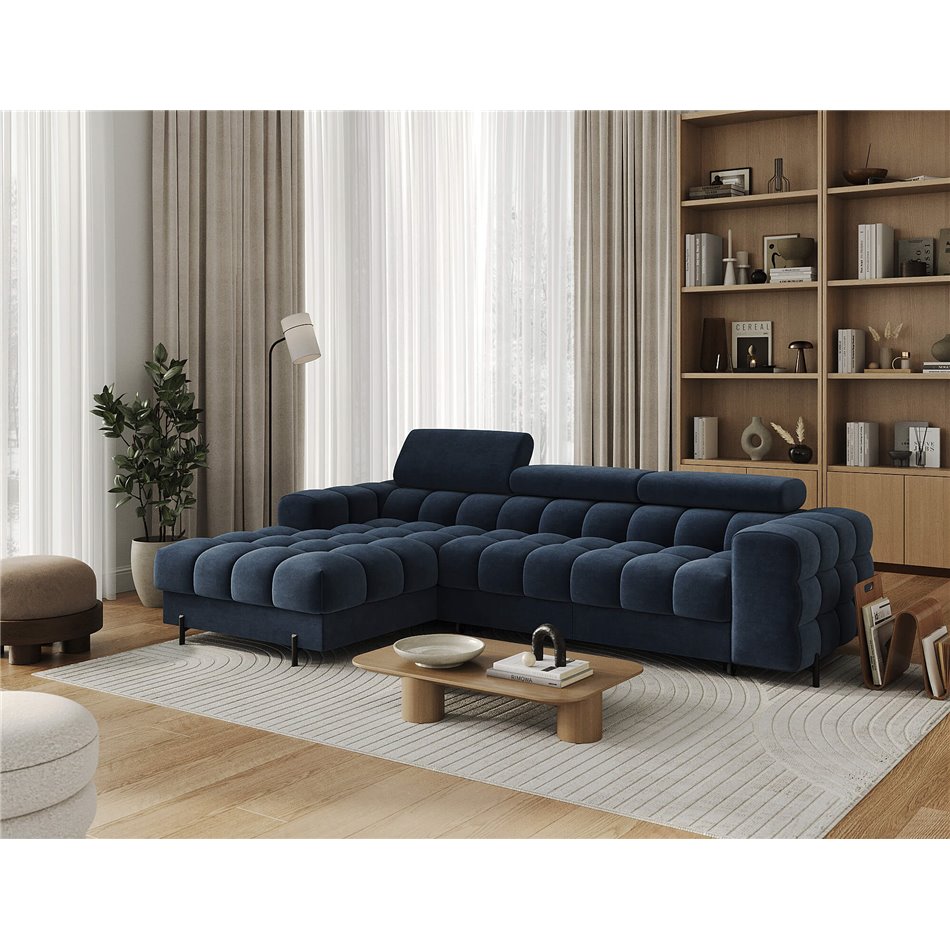 Corner sofa Elferlo L, sleeping function, Aura 40, velvet, blue, H93x285x181cm