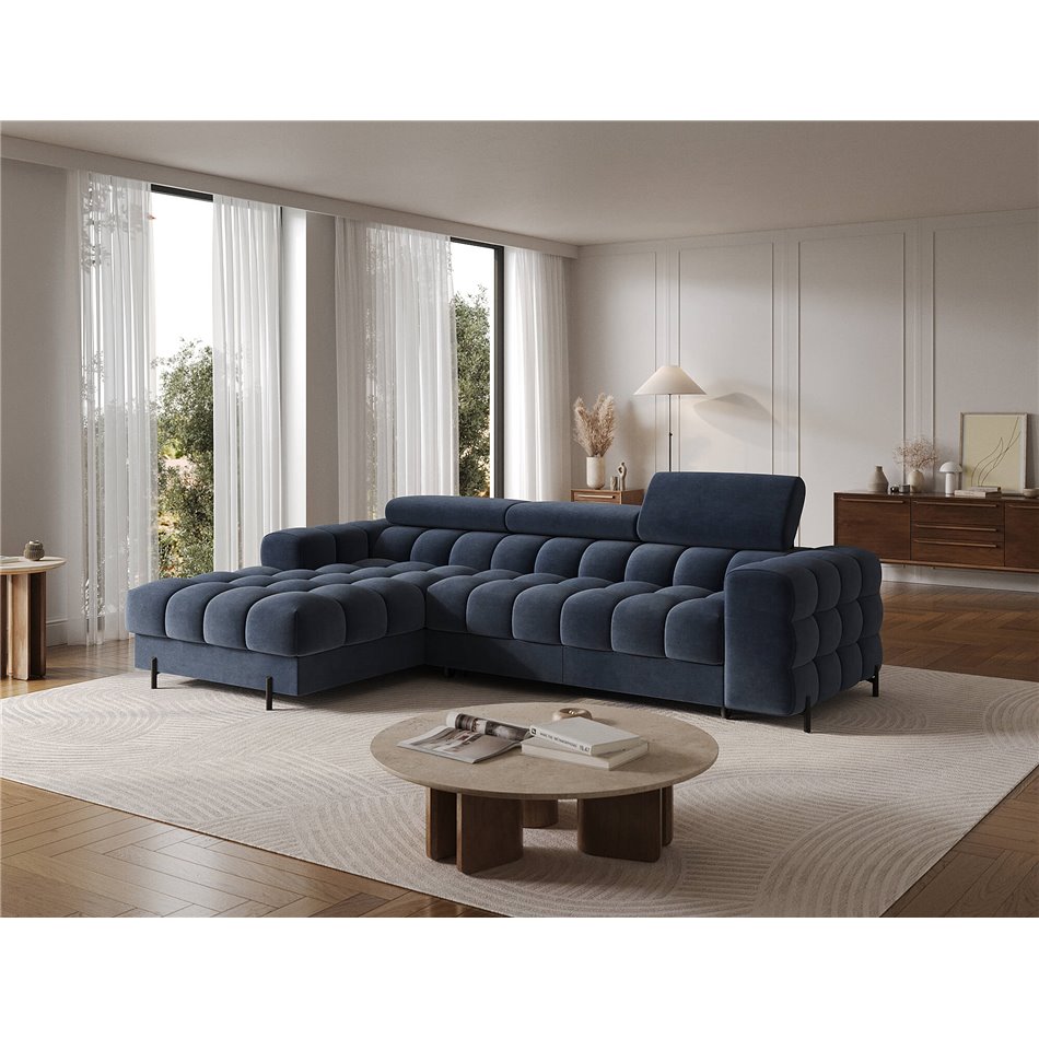 Corner sofa Elferlo L, sleeping function, Aura 40, velvet, blue, H93x285x181cm
