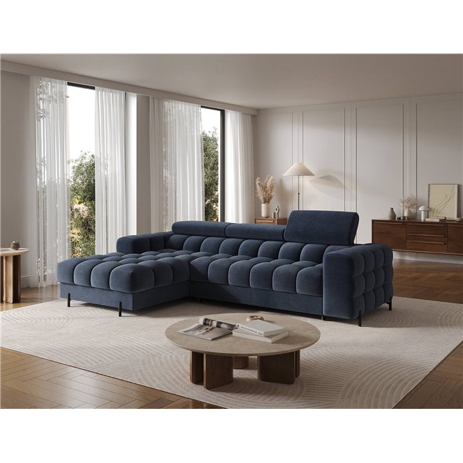 Corner sofa Elferlo L, sleeping function, Aura 40, velvet, blue, H93x285x181cm