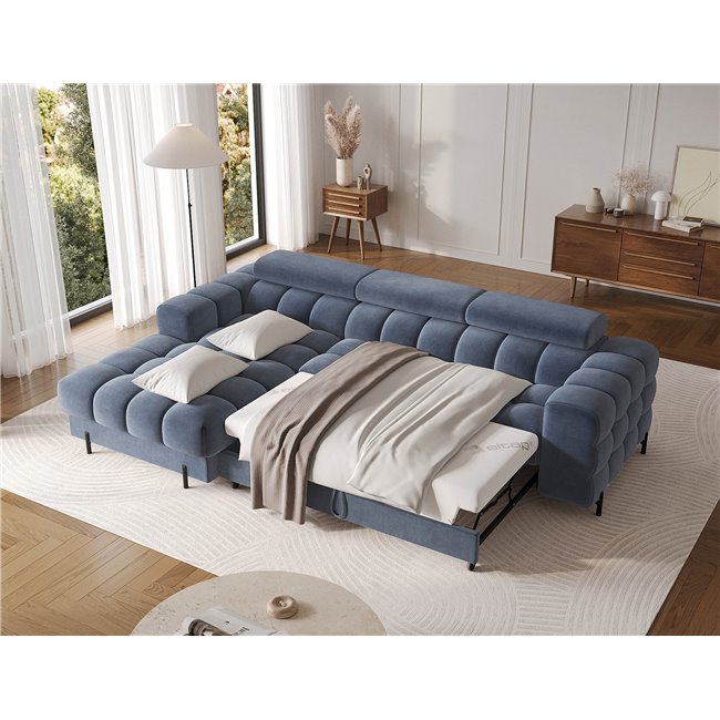 Corner sofa Elferlo L, sleeping function, Aura 40, velvet, blue, H93x285x181cm