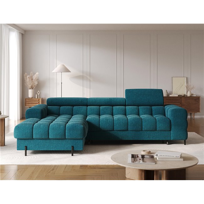 Corner sofa Elferlo L, sleeping function, Amore 40, boucle, blue, H93x285x181cm