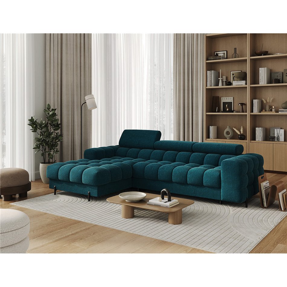 Corner sofa Elferlo L, sleeping function, Amore 40, boucle, blue, H93x285x181cm
