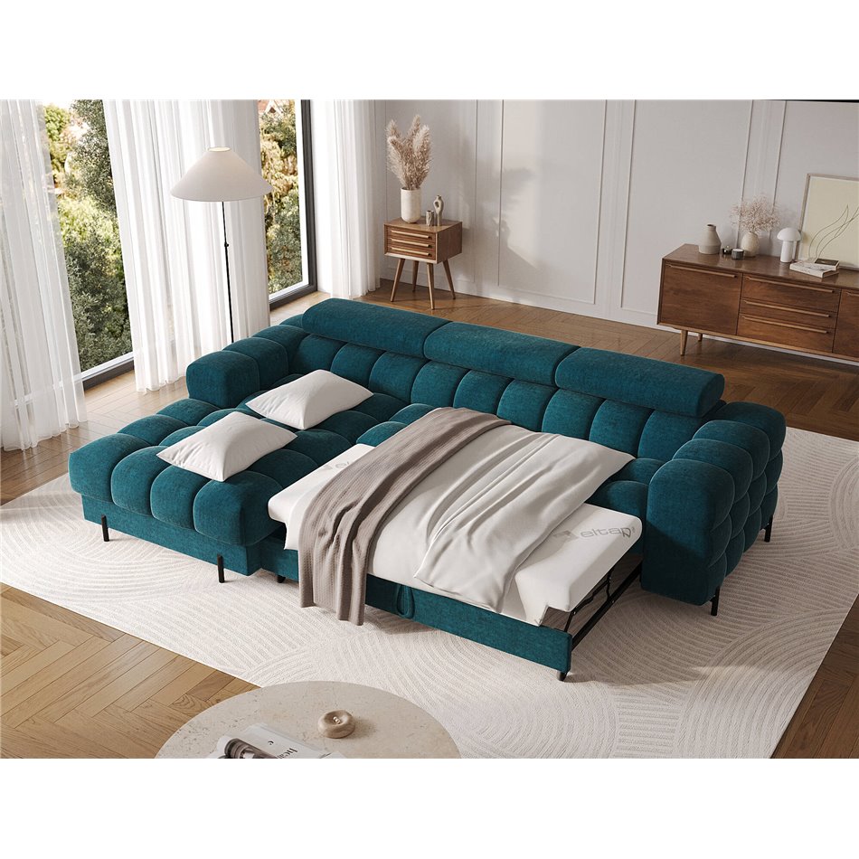 Corner sofa Elferlo L, sleeping function, Amore 40, boucle, blue, H93x285x181cm