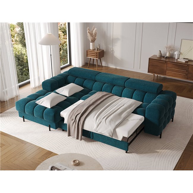 Corner sofa Elferlo L, sleeping function, Amore 40, boucle, blue, H93x285x181cm