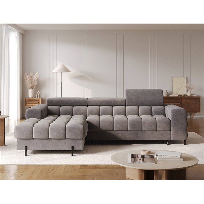 Corner sofa Elferlo L, sleeping function, Aura 04, velvet, grey, H93x285x181cm