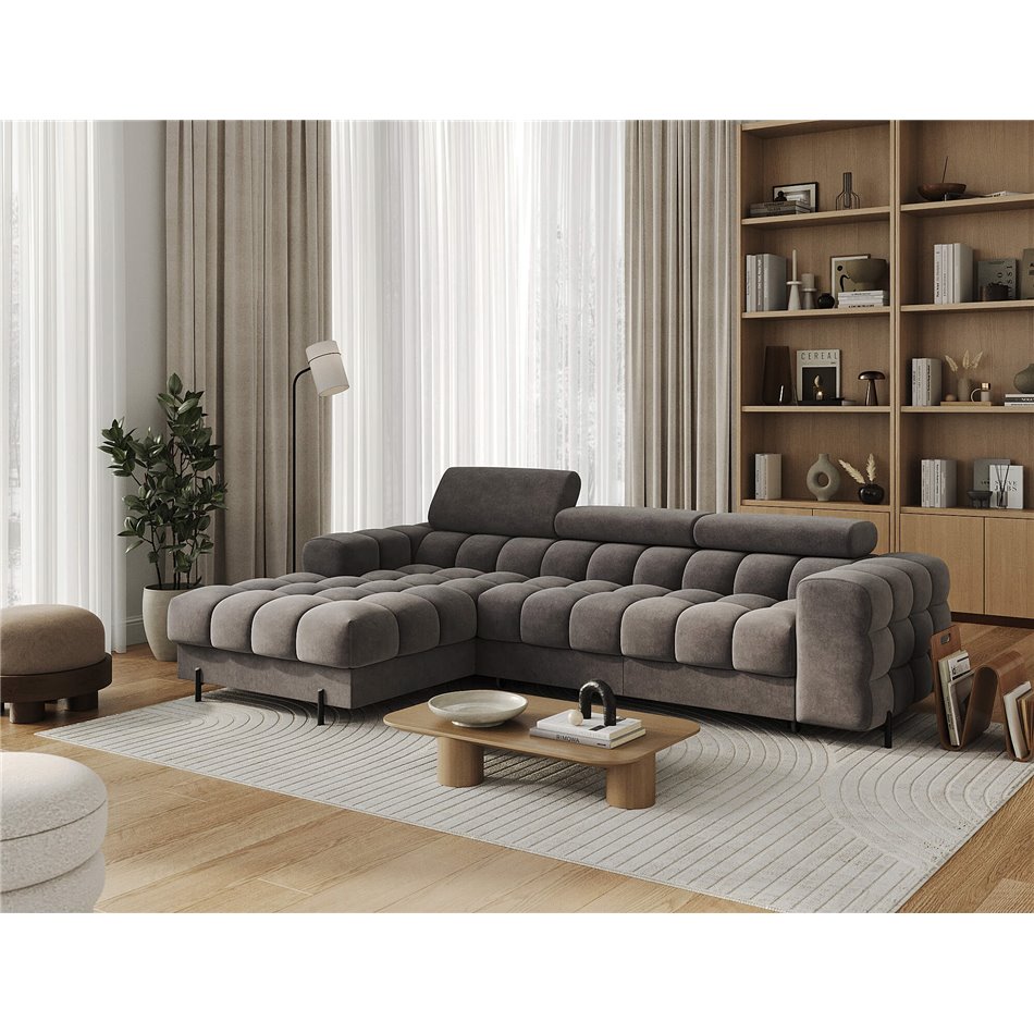 Corner sofa Elferlo L, sleeping function, Aura 04, velvet, grey, H93x285x181cm