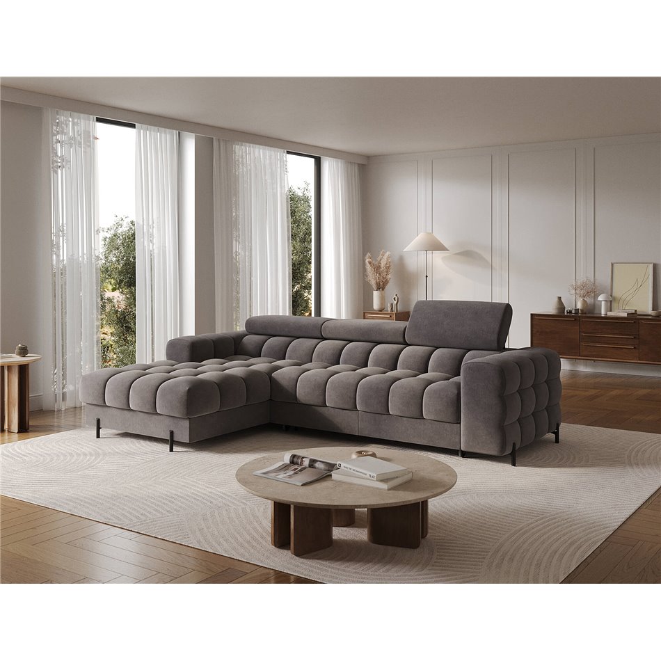 Corner sofa Elferlo L, sleeping function, Aura 04, velvet, grey, H93x285x181cm
