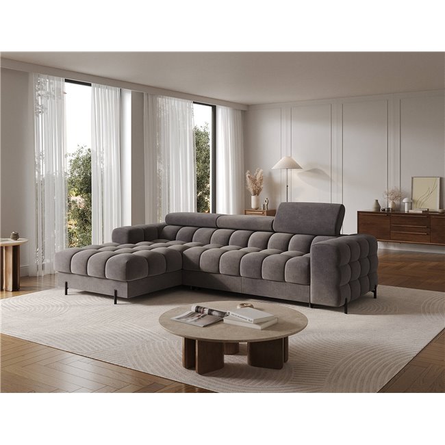 Corner sofa Elferlo L, sleeping function, Aura 04, velvet, grey, H93x285x181cm