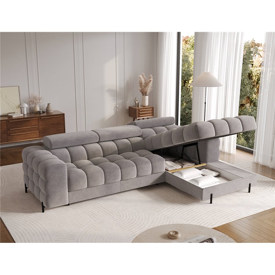 Corner sofa Elferlo L, sleeping function, Aura 04, velvet, grey, H93x285x181cm
