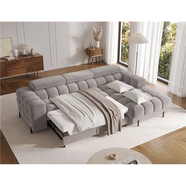 Corner sofa Elferlo L, sleeping function, Aura 04, velvet, grey, H93x285x181cm