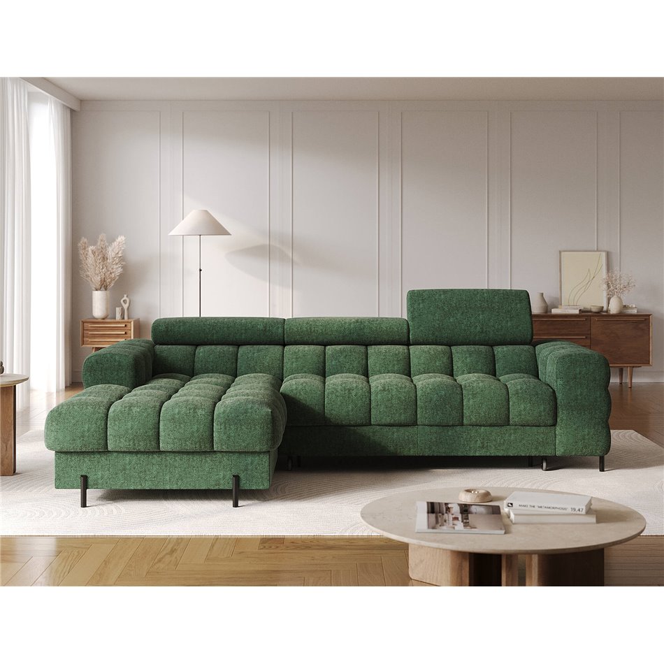 Corner sofa Elferlo L, sleeping function, Amore 35, boucle, green, H93x285x181cm