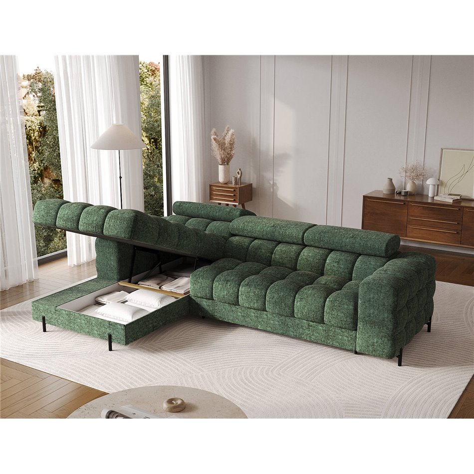 Corner sofa Elferlo L, sleeping function, Amore 35, boucle, green, H93x285x181cm