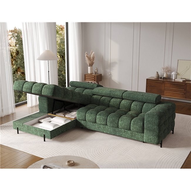 Corner sofa Elferlo L, sleeping function, Amore 35, boucle, green, H93x285x181cm