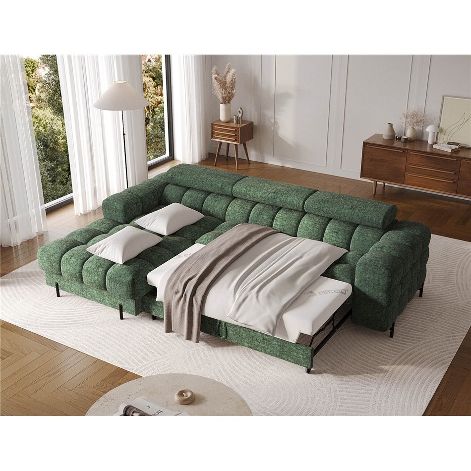 Corner sofa Elferlo L, sleeping function, Amore 35, boucle, green, H93x285x181cm
