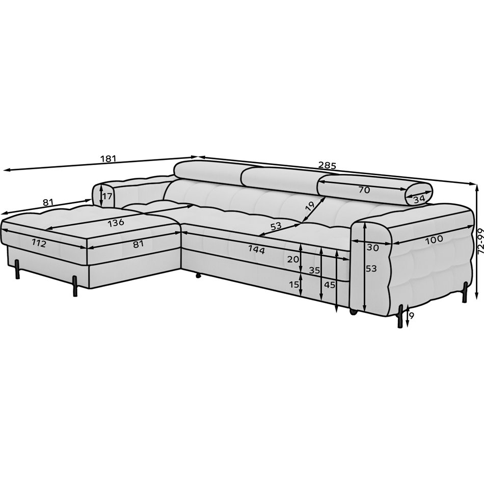 Corner sofa Elferlo L, sleeping function, Amore 35, boucle, green, H93x285x181cm