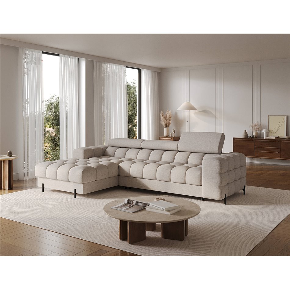 Corner sofa Elferlo L, sleeping function, Royal 18, boucle, beige, H93x285x181cm