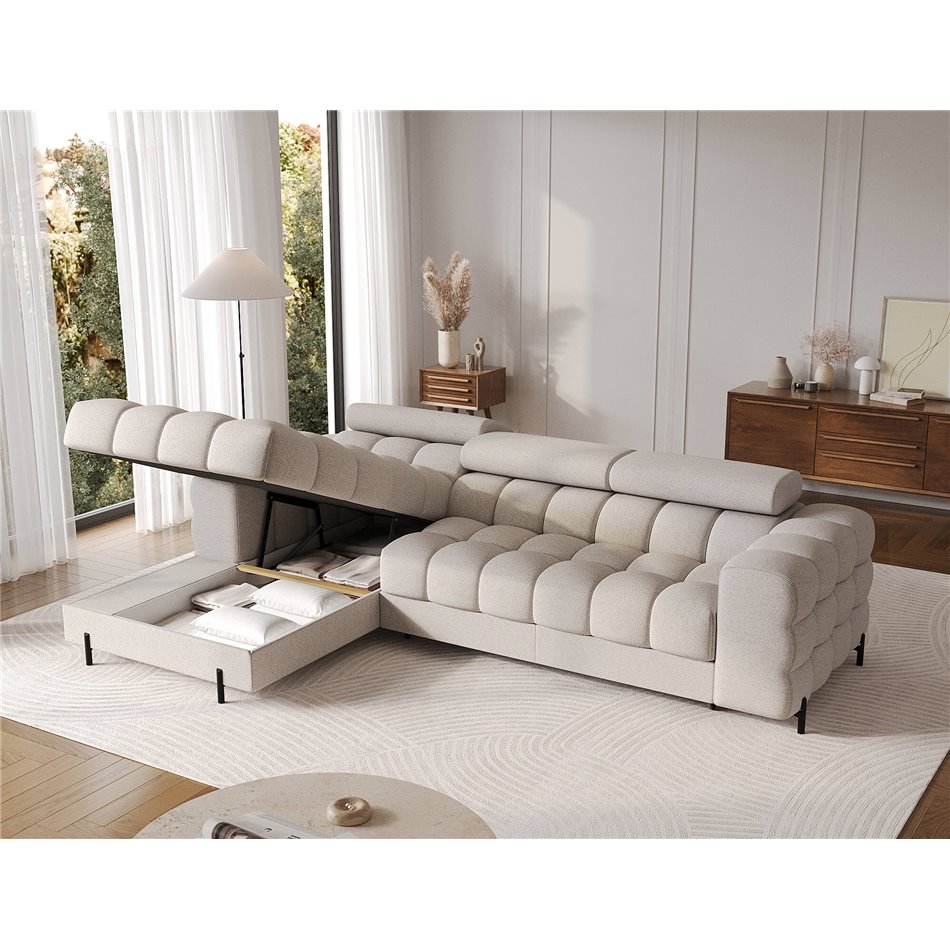 Corner sofa Elferlo L, sleeping function, Royal 18, boucle, beige, H93x285x181cm