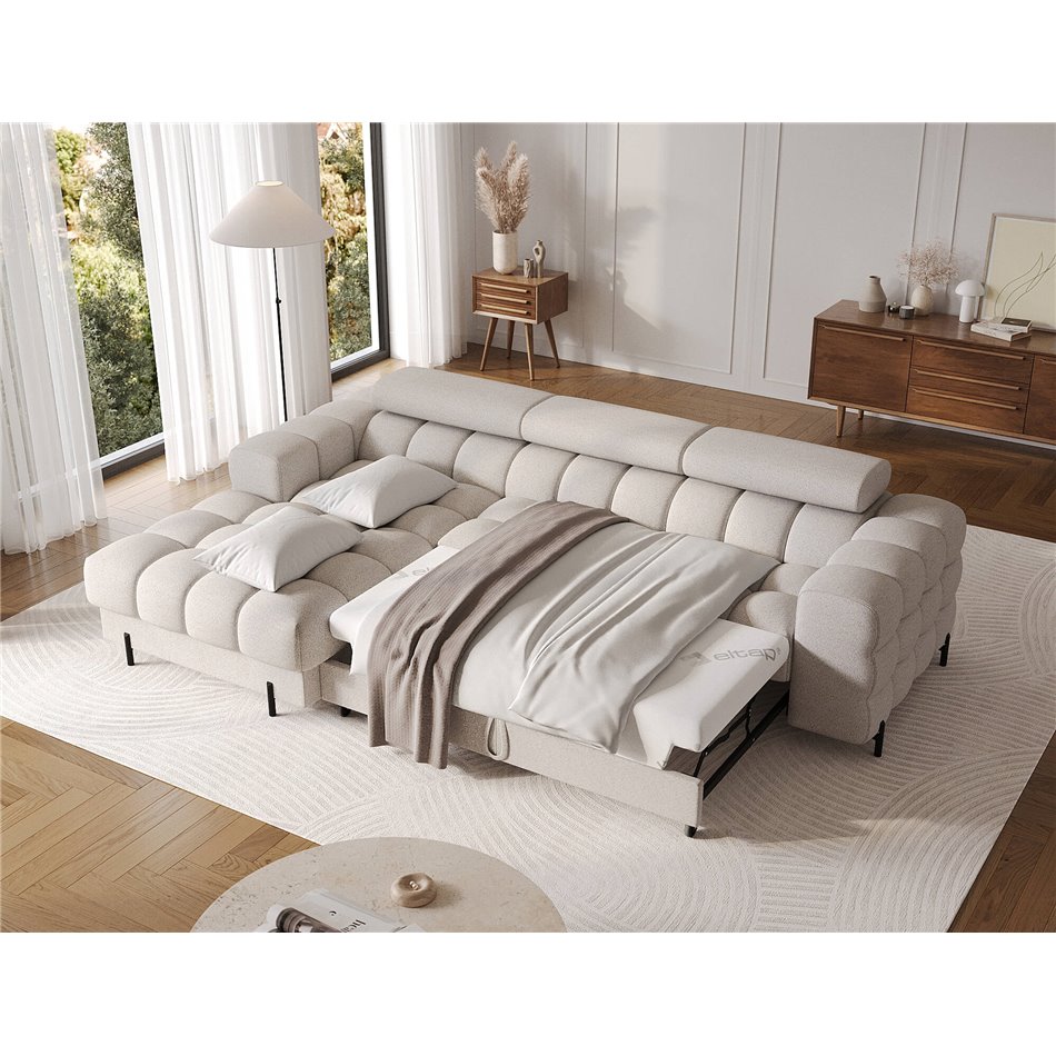 Corner sofa Elferlo L, sleeping function, Royal 18, boucle, beige, H93x285x181cm