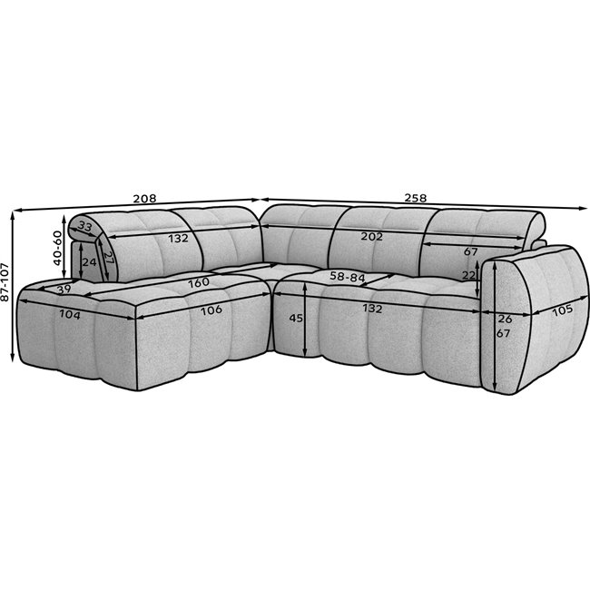 Corner sofa Elfalconn L, electrically extendable, Paolli 04, grey, H107x258x208cm
