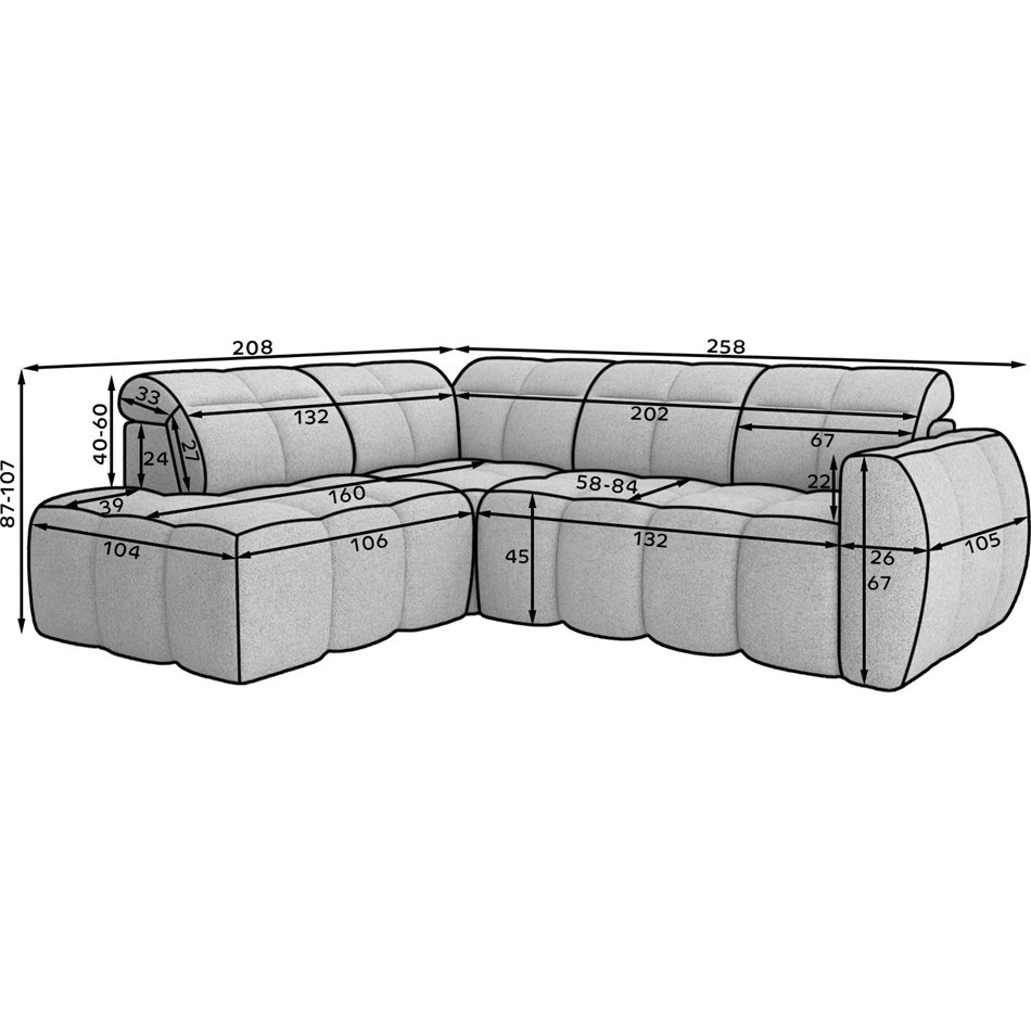 Corner sofa Elfalconn L, electrically extendable, Sola 04, grey, H107x258x208cm