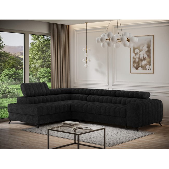 Corner sofa Elkanedo L, sleeping function, Aura 06, velvet, black, H86x269x204cm