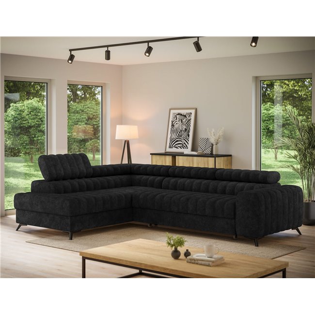 Corner sofa Elkanedo L, sleeping function, Aura 06, velvet, black, H86x269x204cm