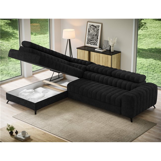Corner sofa Elkanedo L, sleeping function, Aura 06, velvet, black, H86x269x204cm