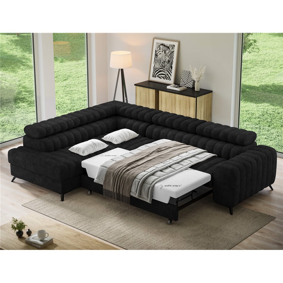 Corner sofa Elkanedo L, sleeping function, Aura 06, velvet, black, H86x269x204cm