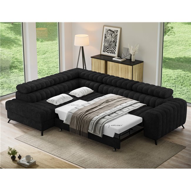 Corner sofa Elkanedo L, sleeping function, Aura 06, velvet, black, H86x269x204cm