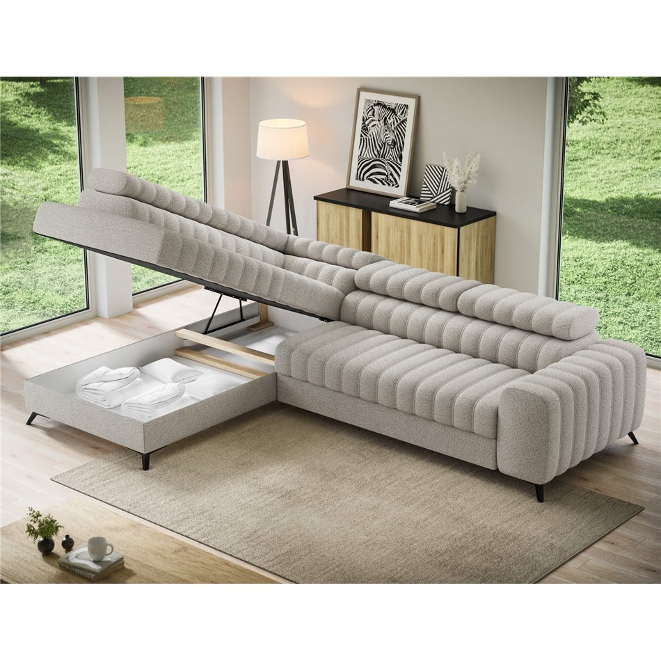 Corner sofa Elkanedo L, sleeping function, Royal 18, boucle, beige, H86x269x204cm