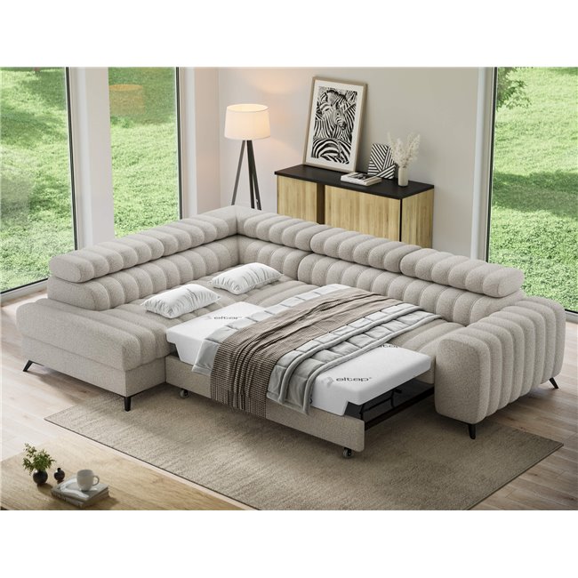 Corner sofa Elkanedo L, sleeping function, Royal 18, boucle, beige, H86x269x204cm