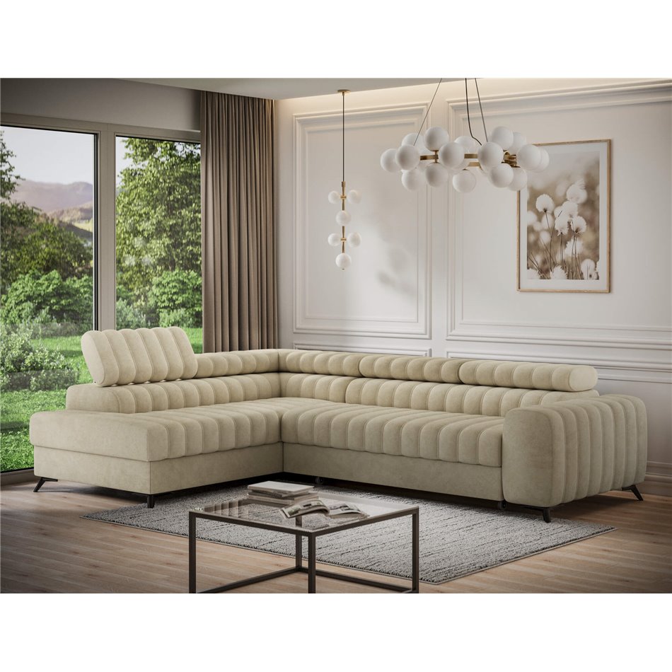 Corner sofa Elkanedo L, sleeping function, Aura 18, velvet, beige, H86x269x204cm