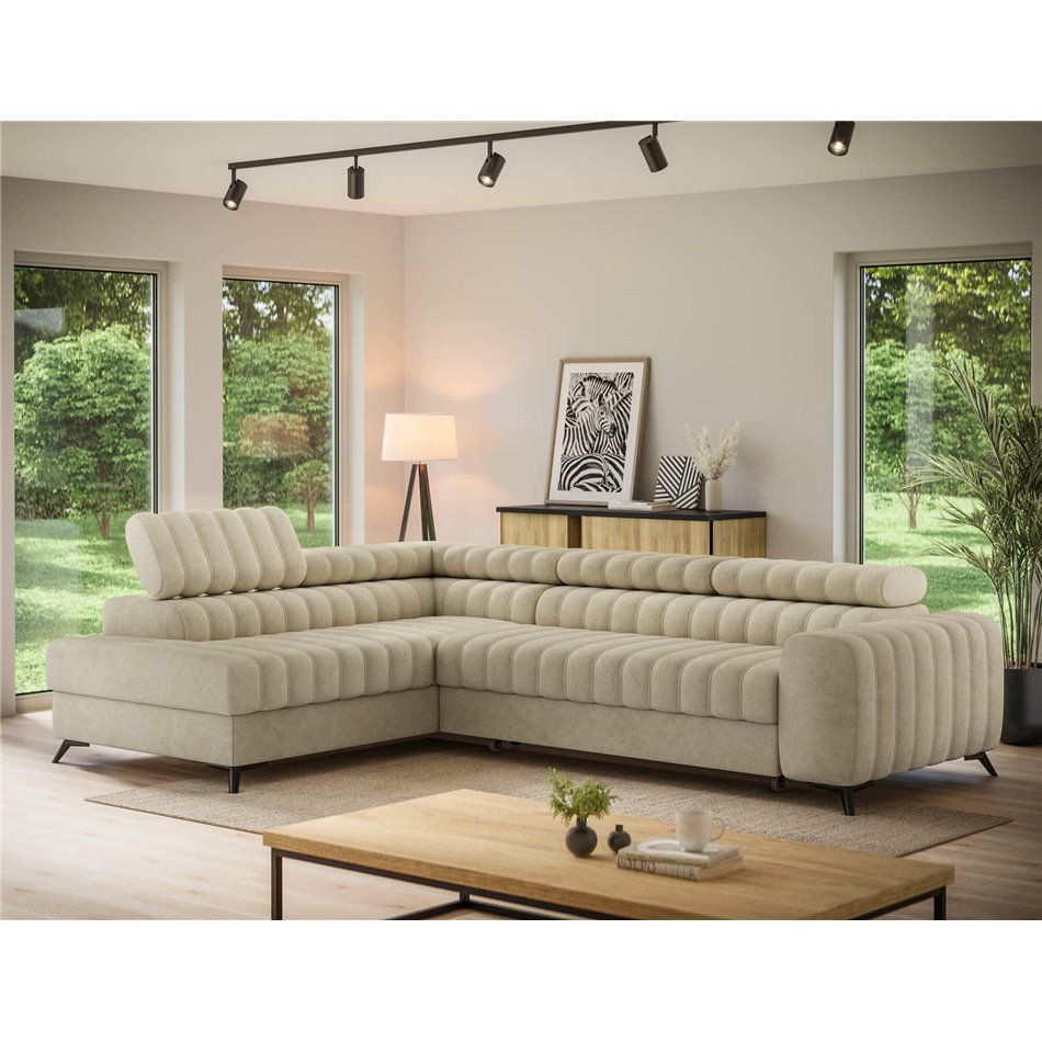 Corner sofa Elkanedo L, sleeping function, Aura 18, velvet, beige, H86x269x204cm