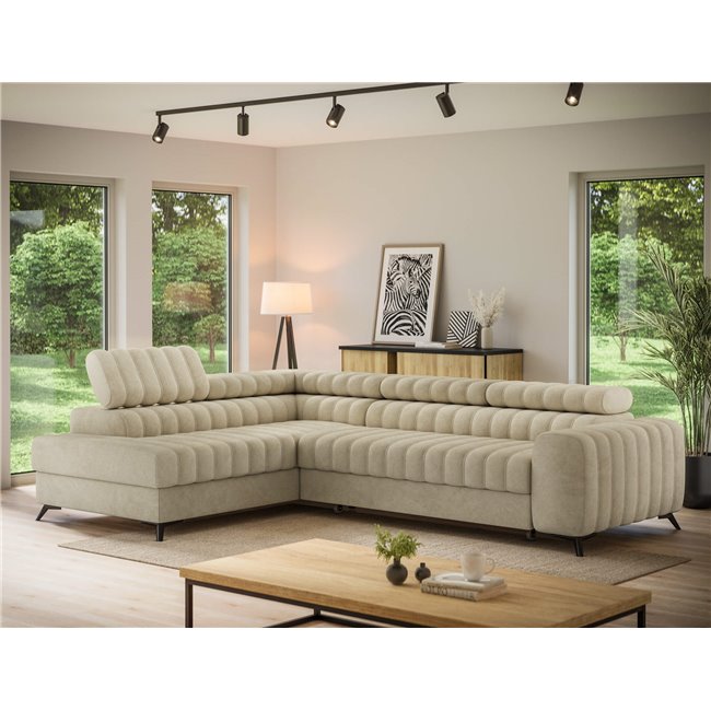 Corner sofa Elkanedo L, sleeping function, Aura 18, velvet, beige, H86x269x204cm