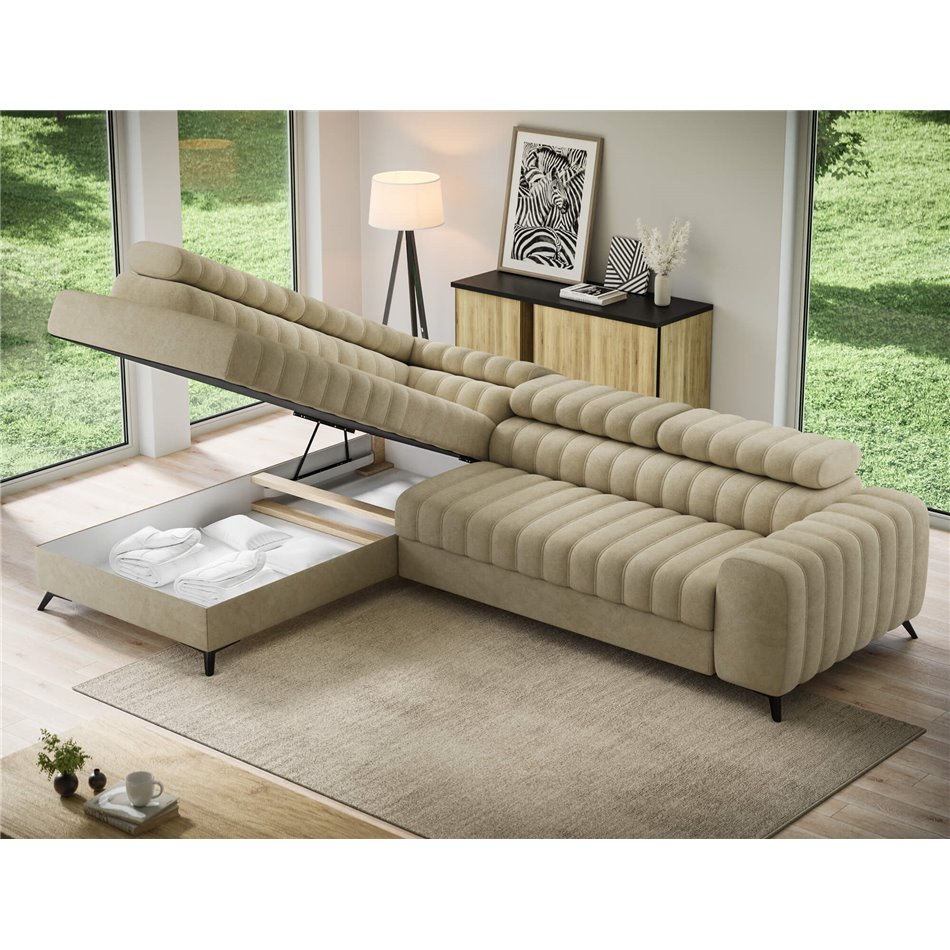 Corner sofa Elkanedo L, sleeping function, Aura 18, velvet, beige, H86x269x204cm
