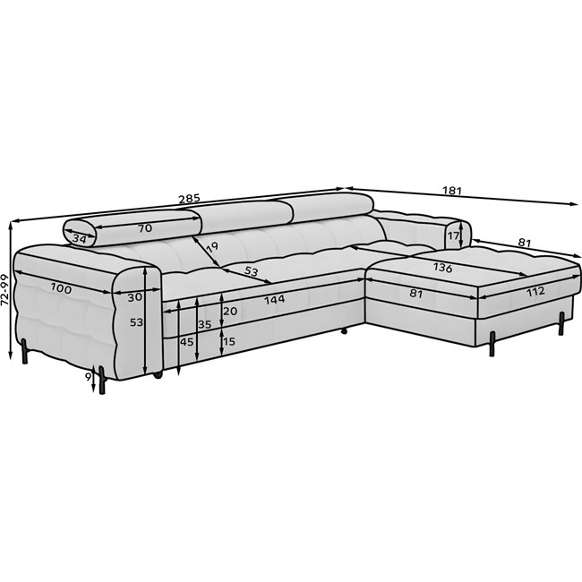Corner sofa Elferlo R, sleeping function, Sola 06, dark grey, H93x285x181cm
