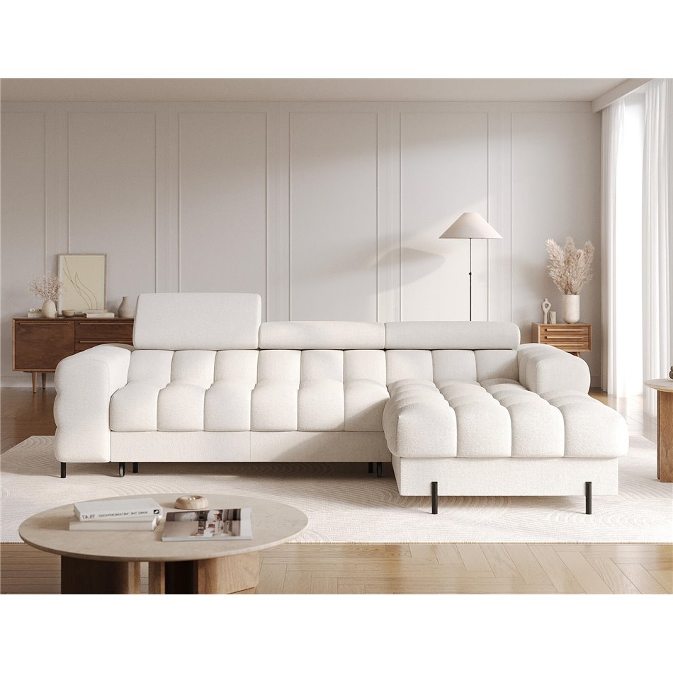 Corner sofa Elferlo R, sleeping function, Amore 01, boucle, white, H93x285x181cm