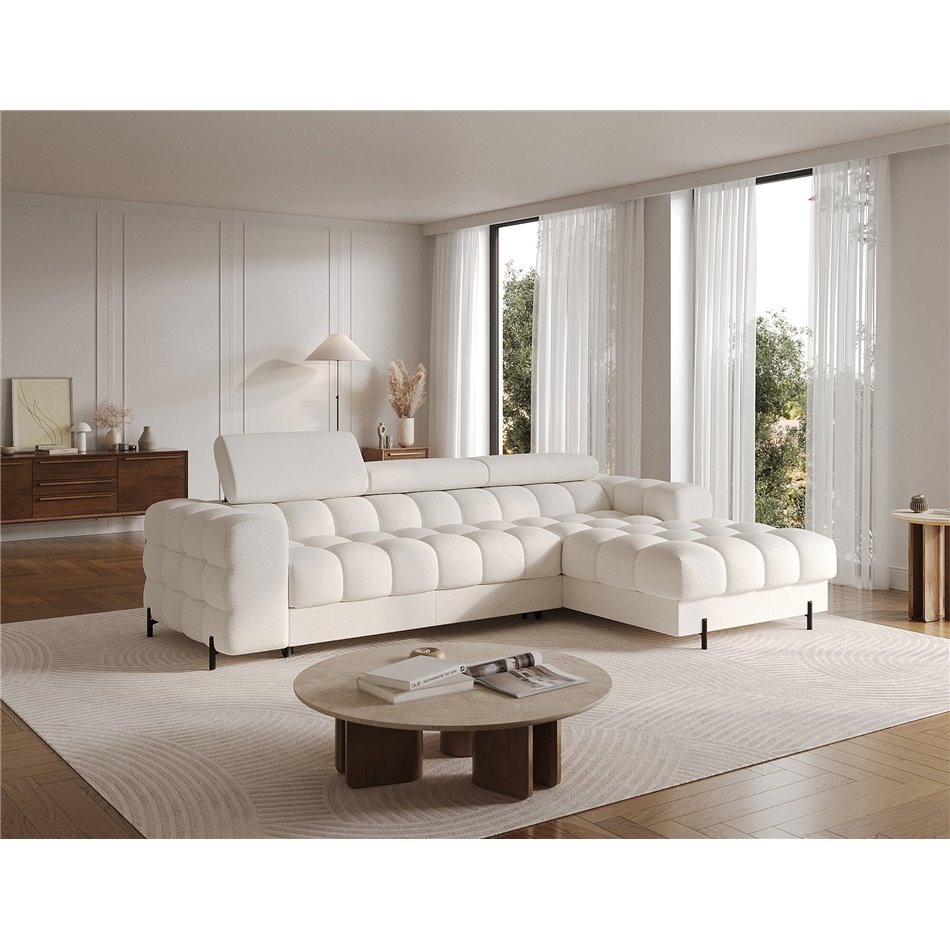 Corner sofa Elferlo R, sleeping function, Amore 01, boucle, white, H93x285x181cm