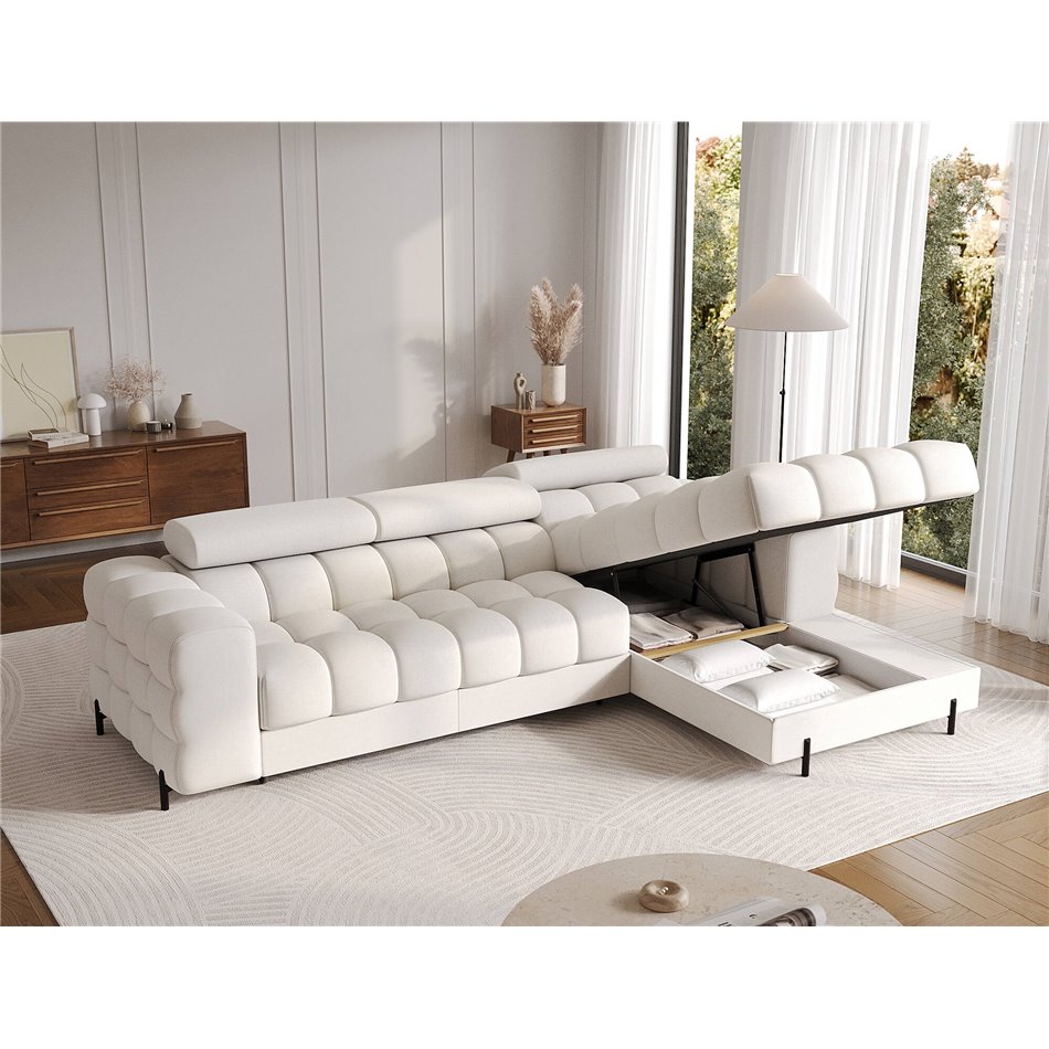 Corner sofa Elferlo R, sleeping function, Amore 01, boucle, white, H93x285x181cm