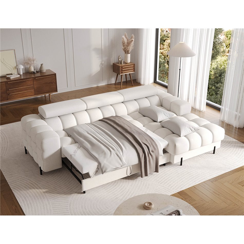 Corner sofa Elferlo R, sleeping function, Amore 01, boucle, white, H93x285x181cm