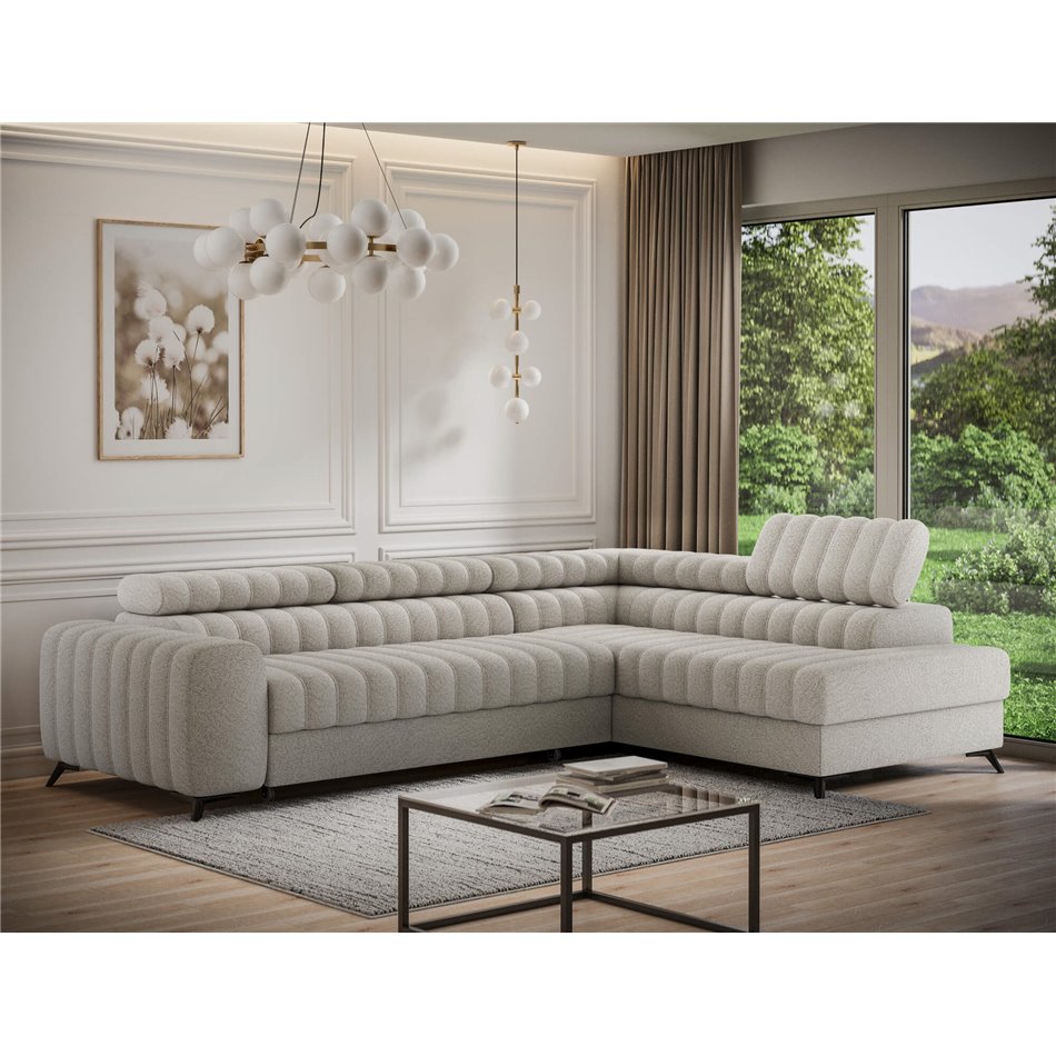 Corner sofa Elkanedo R, sleeping function, Royal 18, boucle, beige, H86x269x204cm