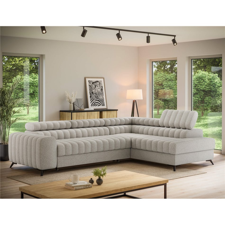 Corner sofa Elkanedo R, sleeping function, Royal 18, boucle, beige, H86x269x204cm