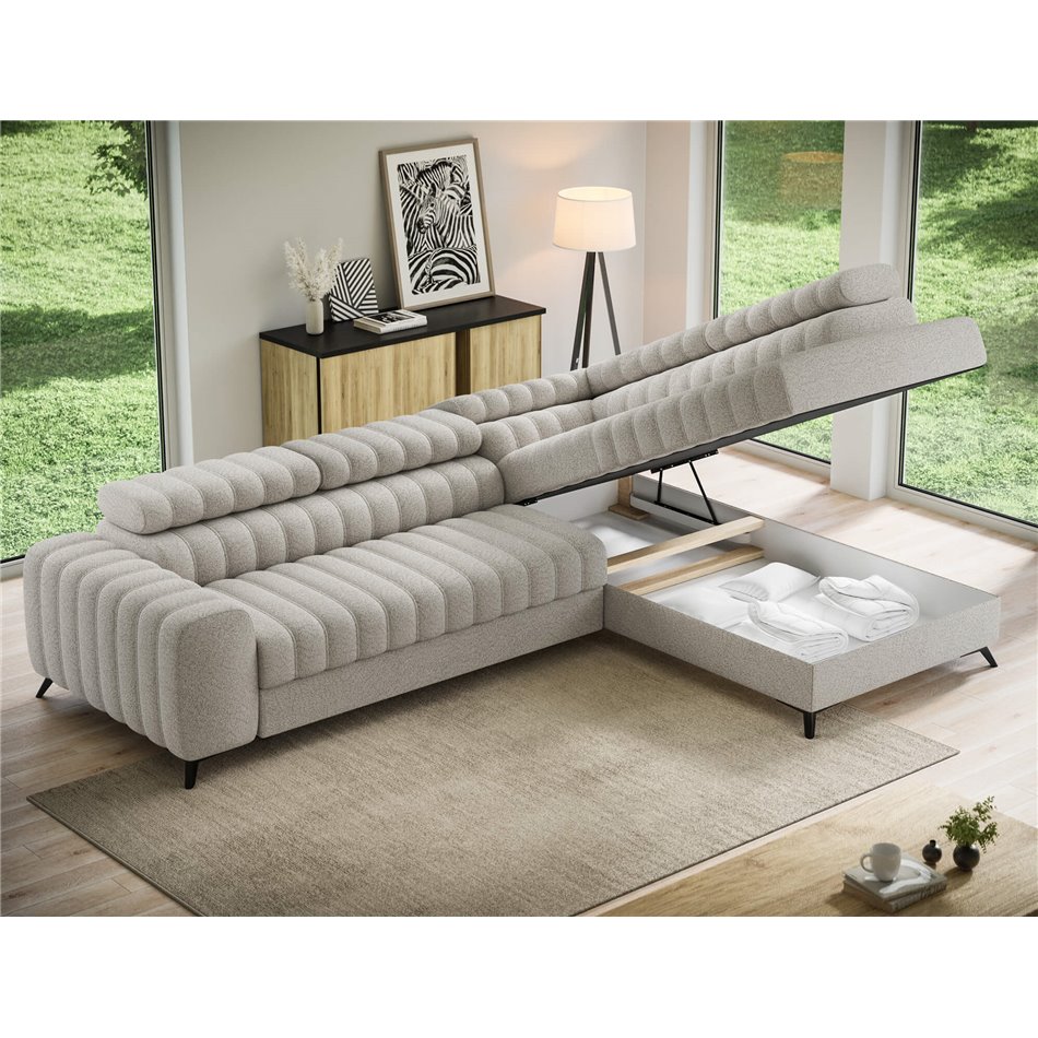 Corner sofa Elkanedo R, sleeping function, Royal 18, boucle, beige, H86x269x204cm